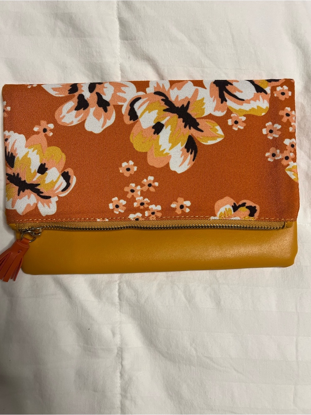 Rachel Pally Orange Floral Fold-Over Clutch with Mustard Base